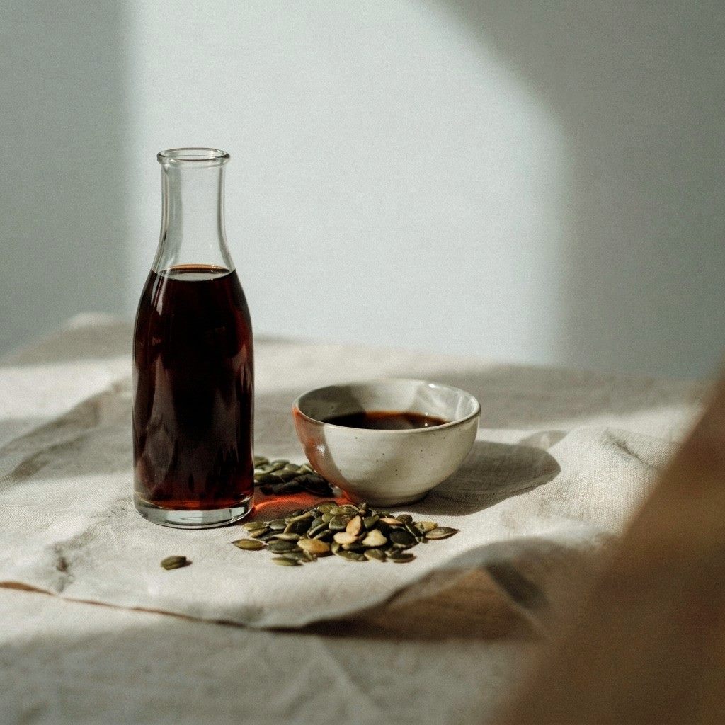 Clear bottle of dark pumpkin seed oil beside a ceramic bowl of oil and green seeds on linen