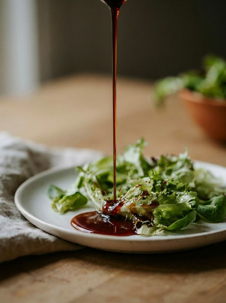 Nearly black-green Styrian pumpkin seed oil poured in a thin ribbon over fresh salad greens