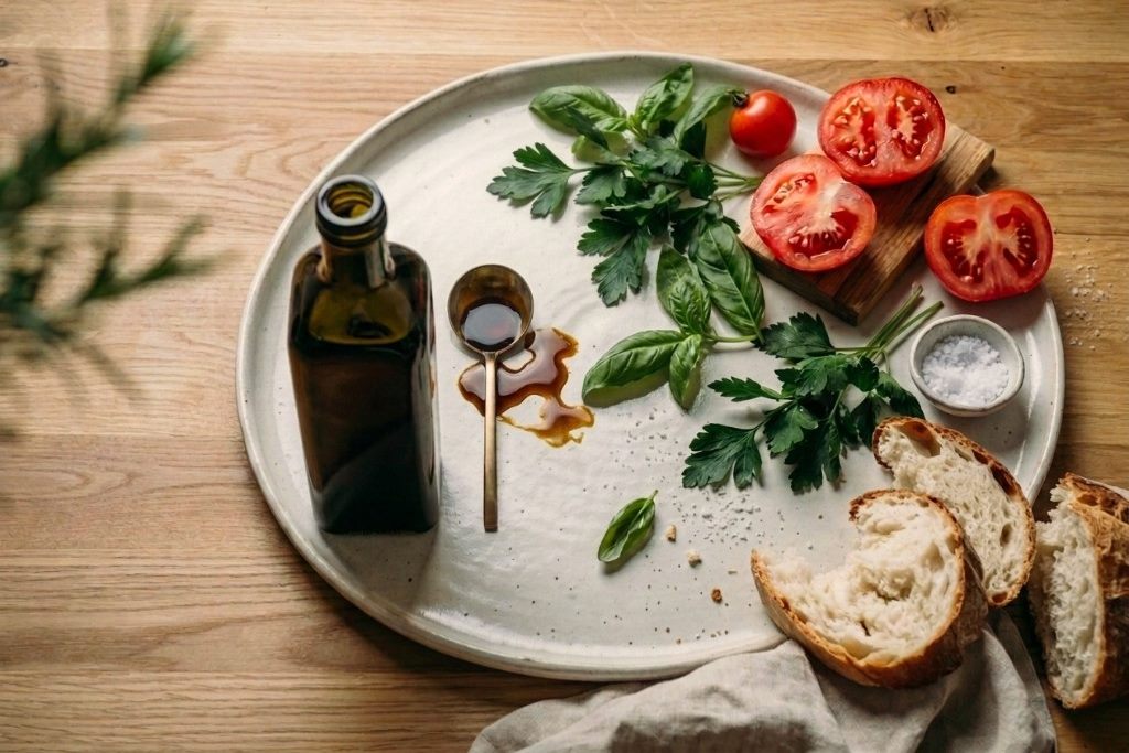 Dark pumpkin seed oil bottle, spoon with oil spill, tomatoes, herbs and bread on a ceramic plate