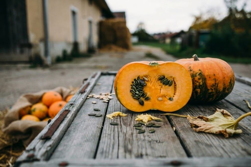 Halved Styrian oil pumpkin with dark green seeds on a weathered wooden cart