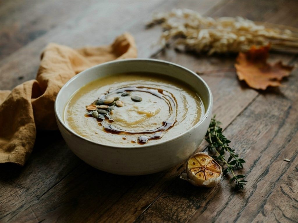Creamy soup with dark oil swirl and pumpkin seeds