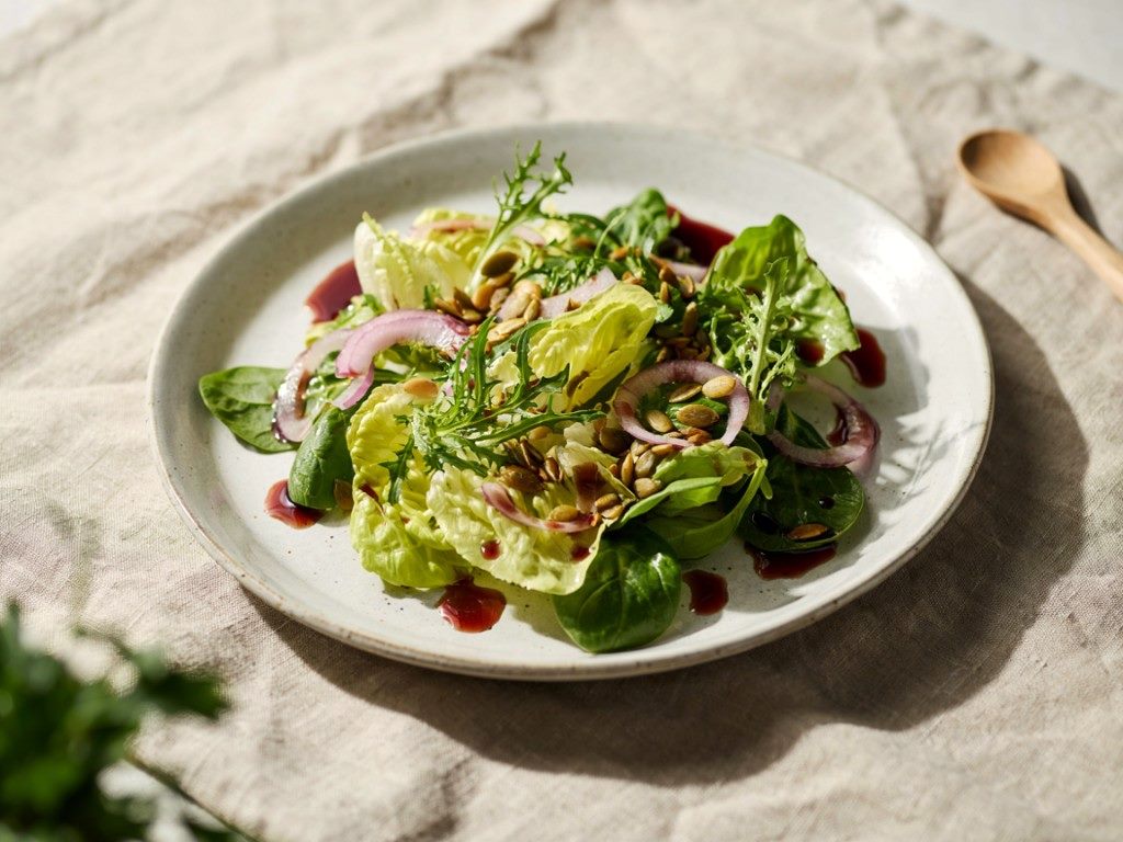 Green salad with red onion, pumpkin seeds and dark oil