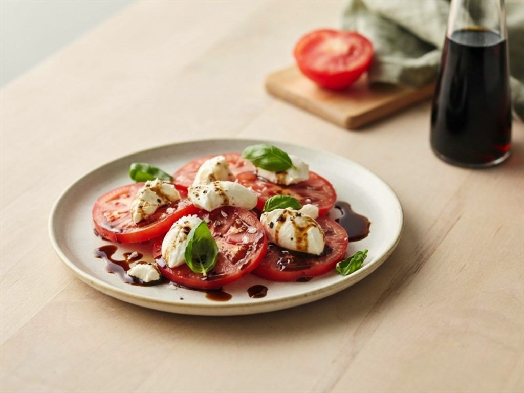 Tomato and mozzarella with basil and dark oil