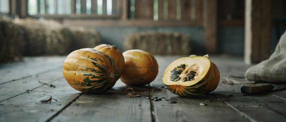 Halved Styrian oil pumpkin showing dark green hull-less seeds on a wooden barn floor